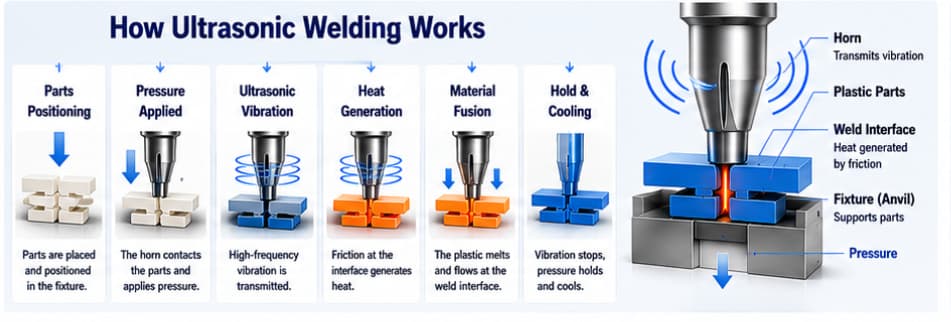 How Ultrasonic Welding Works Ultrasonic welding process showing pressure, vibration, melting and cooling