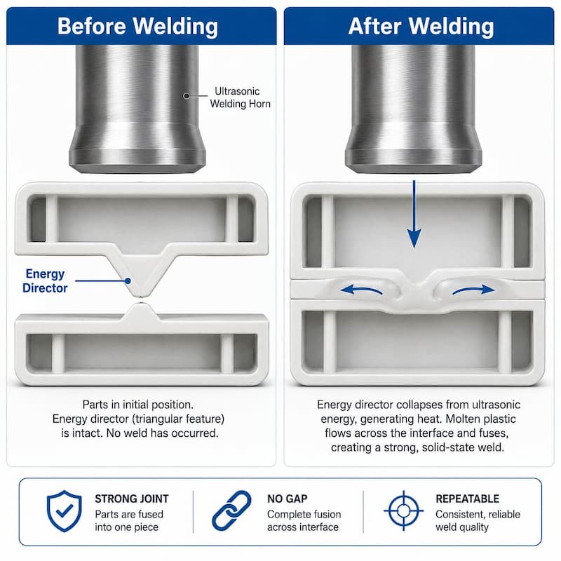 Energy Director Before and After Ultrasonic Welding Before and after ultrasonic welding showing energy director collapse and plastic fusion