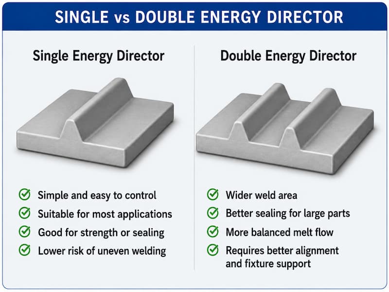 Single vs Double Energy Director Design Single and double energy director design for ultrasonic plastic welding