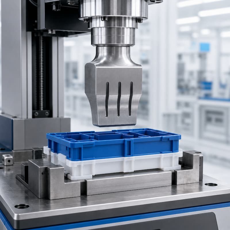 ultrasonic-welding-horn-contact-plastic-part Ultrasonic welding horn contacting plastic part before vibration starts