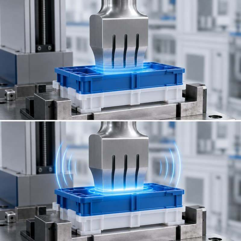 plastic-melting-during-ultrasonic-welding-process Plastic melting at the joint area during ultrasonic welding process