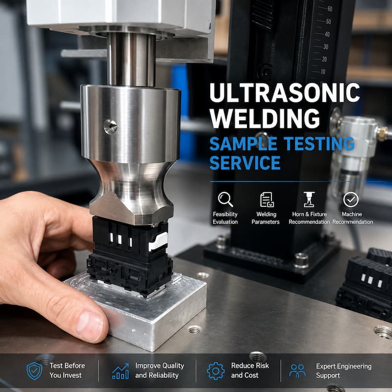 Ultrasonic Welding Sample Testing Service Ultrasonic welding sample testing for plastic parts with custom horn and fixture
