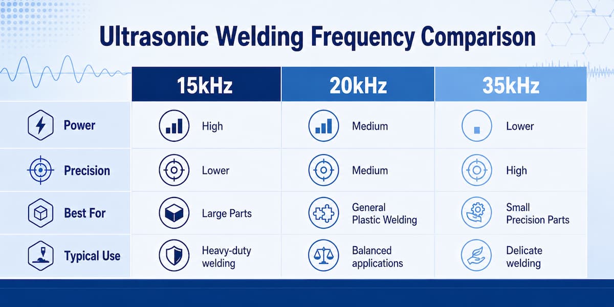 Comparison chart of 15kHz 20kHz and 35kHz ultrasonic welding frequencies