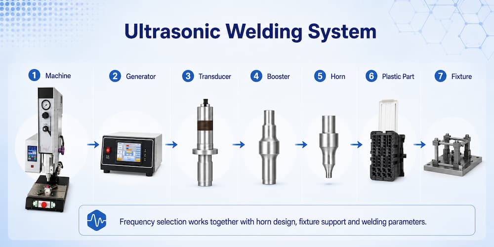 Ultrasonic welding system showing machine horn fixture and plastic part