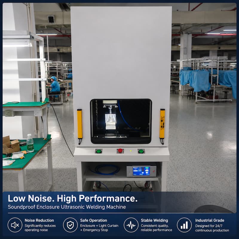 Low Noise Ultrasonic Welding Machine with Soundproof Enclosure Low noise ultrasonic welding machine with soundproof enclosure for industrial production