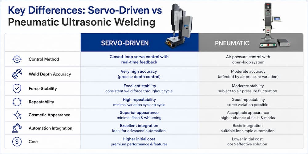 Key Differences Between Servo-Driven and Pneumatic Ultrasonic Welding Key differences between servo driven and pneumatic ultrasonic welding for plastic parts