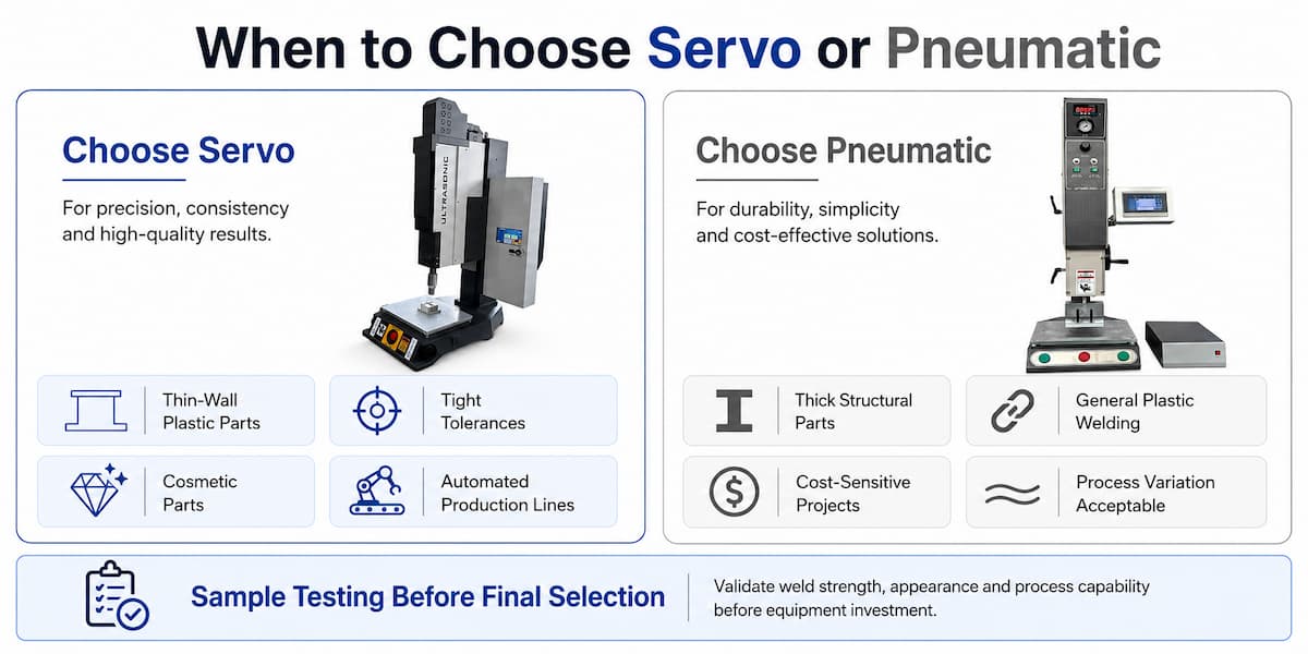 When to Choose Servo or Pneumatic Ultrasonic Welding Guide showing when to choose servo or pneumatic ultrasonic welding for plastic parts