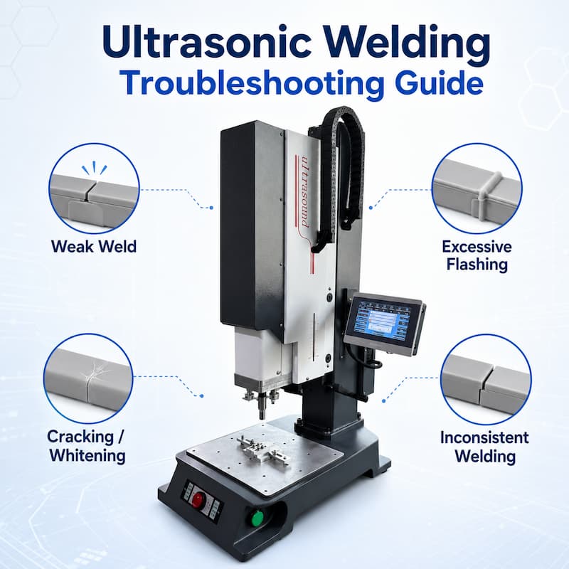 Ultrasonic welding troubleshooting guide showing common welding defects including weak welds, flashing, cracking and inconsistent welding