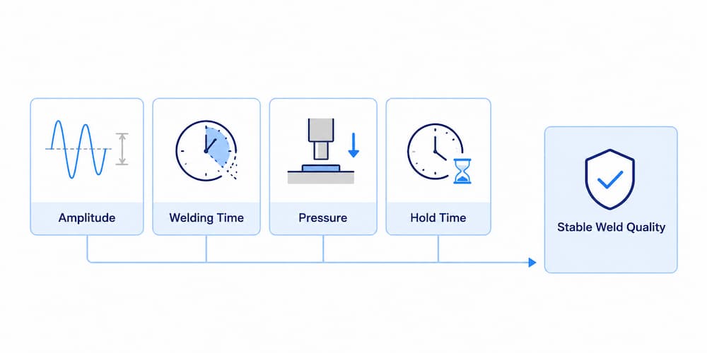 Ultrasonic welding parameter optimization showing amplitude, welding time, pressure and hold time control