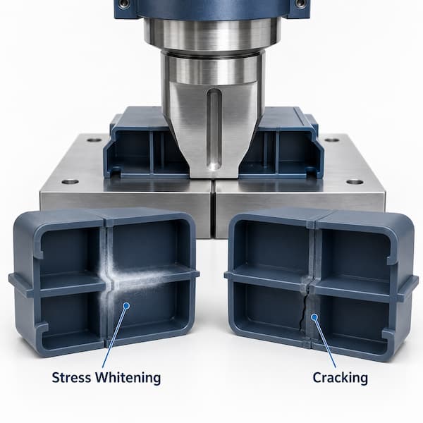 Ultrasonic Welding Cracking and Stress Whitening Plastic parts showing stress whitening and cracking after ultrasonic welding