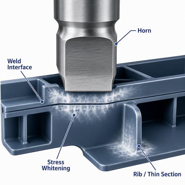 Stress Whitening During Ultrasonic Welding Stress whitening around the weld interface and thin rib during ultrasonic welding