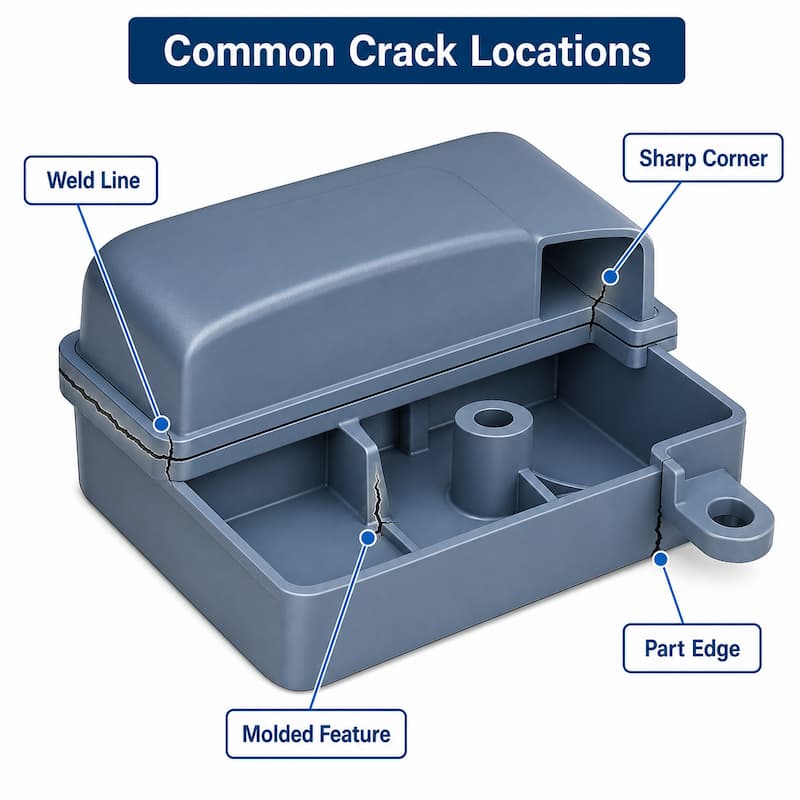 Common Plastic Crack Locations After Ultrasonic Welding Common crack locations at the weld line, sharp corner, molded feature and part edge