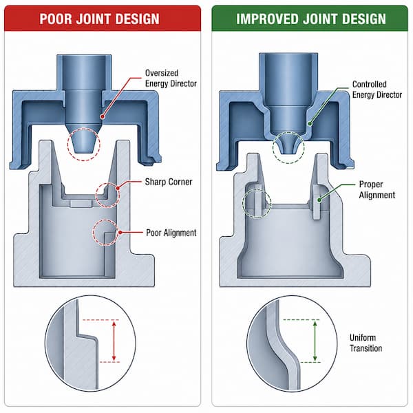 Poor vs Improved Ultrasonic Welding Joint Design Comparison of poor and improved ultrasonic welding joint designs for reducing plastic cracks