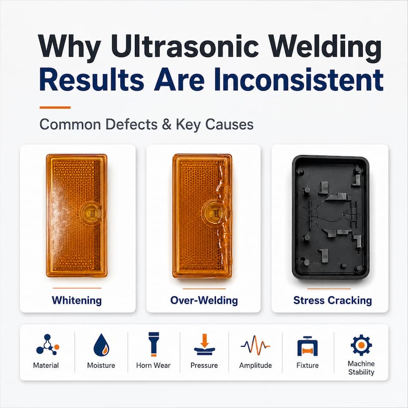 Inconsistent Ultrasonic Welding Results and Common Defects Examples of whitening, over-welding and stress cracking caused by inconsistent ultrasonic welding conditions