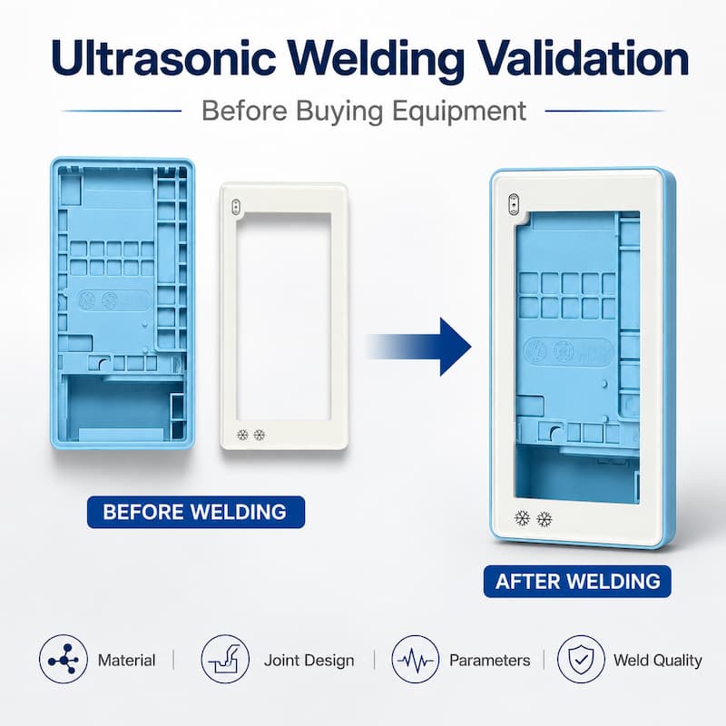 Ultrasonic Welding Validation Before Buying Equipment Plastic parts before and after ultrasonic welding validation and sample testing