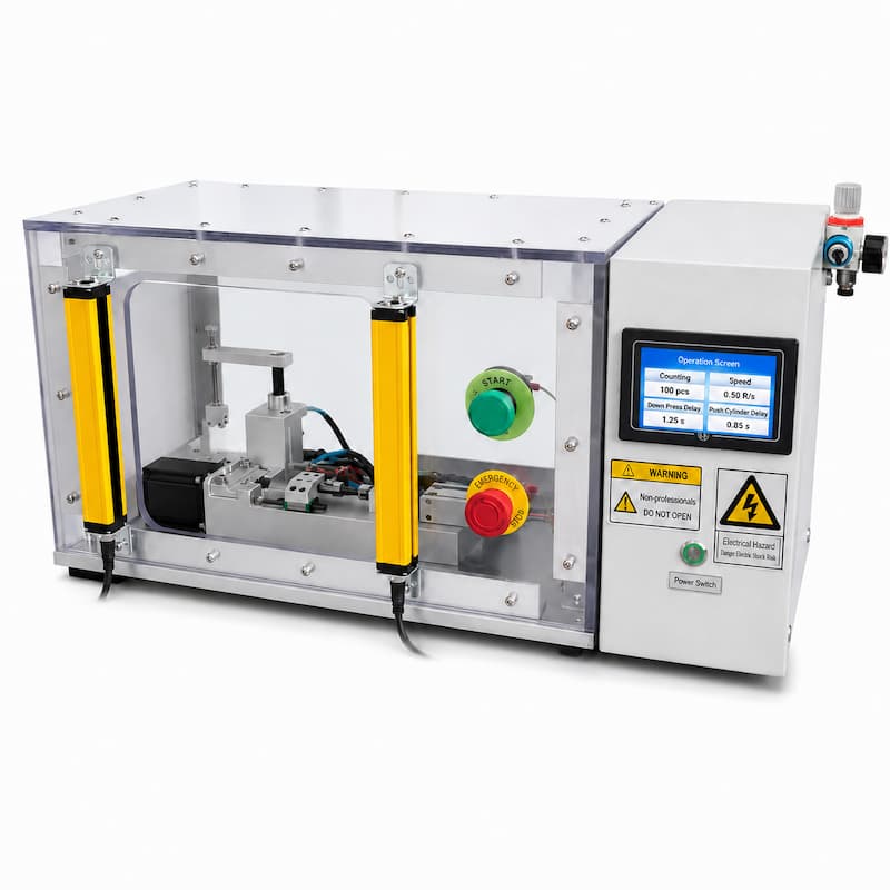 Custom Compact Automatic Assembly Machine with Safety Light Curtains Custom compact automatic assembly machine with touchscreen control, pneumatic components and safety light curtains