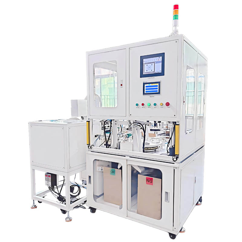 Automotive End Cap and Felt Ultrasonic Welding Line with Die Cutting Automotive end cap and felt ultrasonic welding line with automatic felt die cutting, vision inspection and sorting