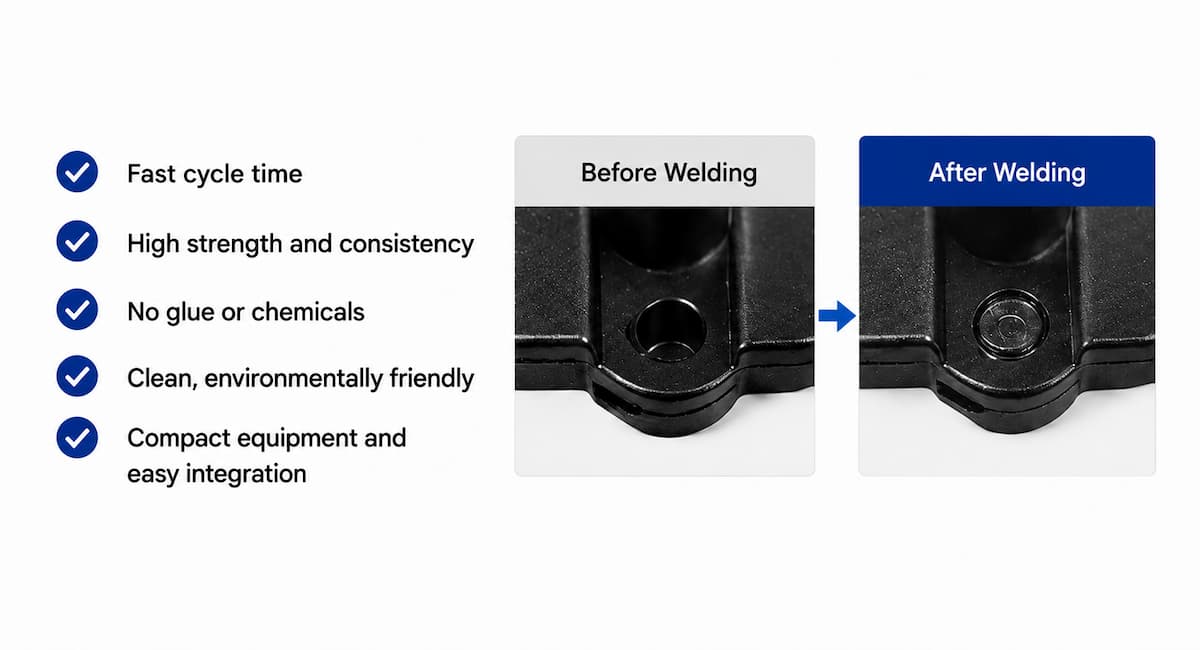 Before and after ultrasonic spot welding showing a clean localized plastic weld joint