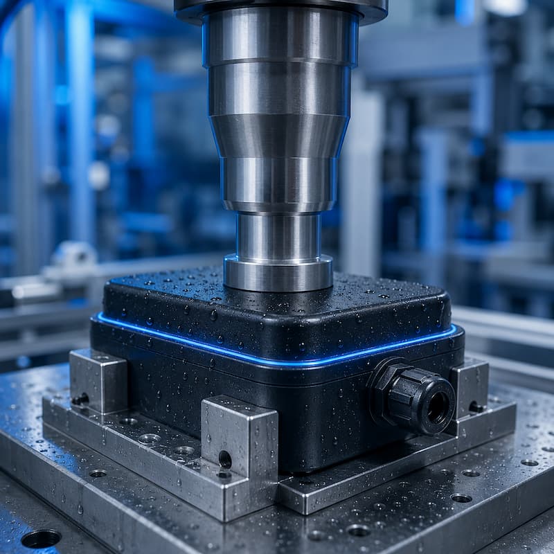 Ultrasonic Welding for Waterproof Plastic Enclosures Ultrasonic welding machine sealing a waterproof plastic enclosure