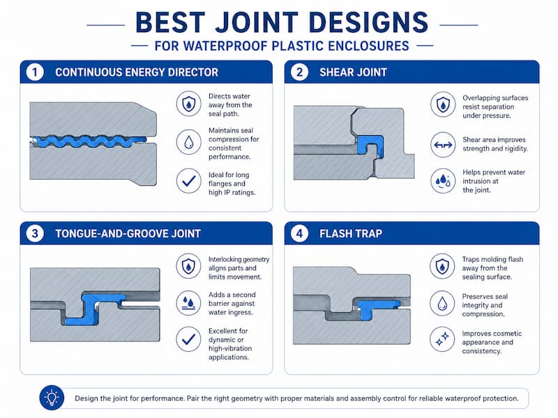 Joint Designs for Waterproof Plastic Enclosures Continuous energy director, shear joint, tongue-and-groove joint and flash trap designs for waterproof plastic enclosures