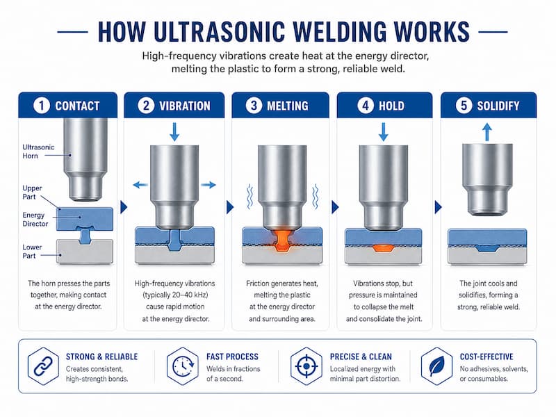 How Ultrasonic Welding Works for Plastic Enclosures Five-step ultrasonic welding process showing contact, vibration, melting, holding and solidification