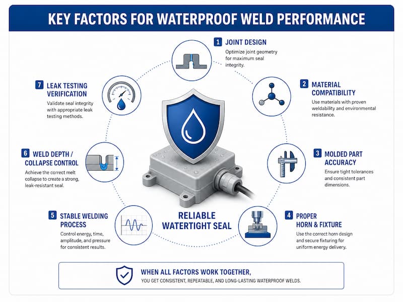 Key Factors for Waterproof Ultrasonic Weld Performance Key factors affecting waterproof ultrasonic weld performance, including joint design, materials, tooling, process control and leak testing