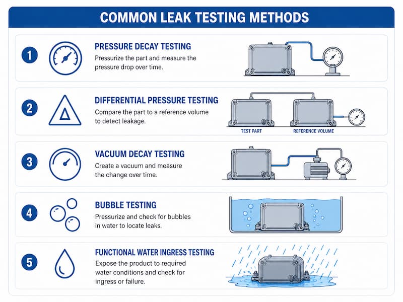 Leak Testing Methods for Waterproof Plastic Enclosures Pressure decay, differential pressure, vacuum decay, bubble and water ingress testing methods for plastic enclosures