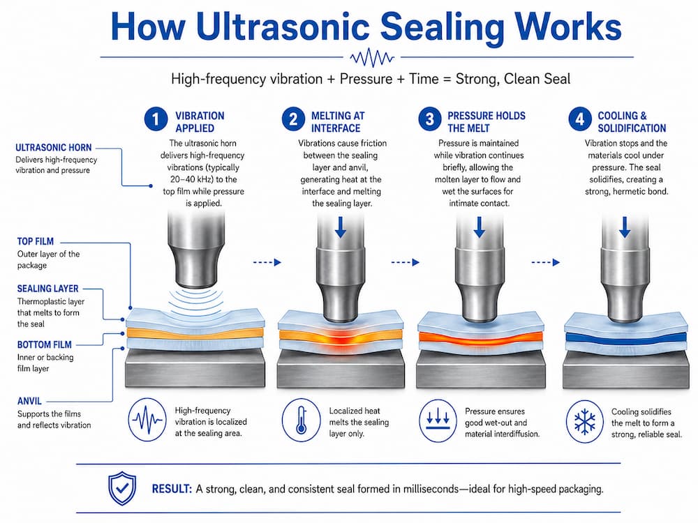 Ultrasonic sealing process using a horn, vibration, sealing layer and anvil