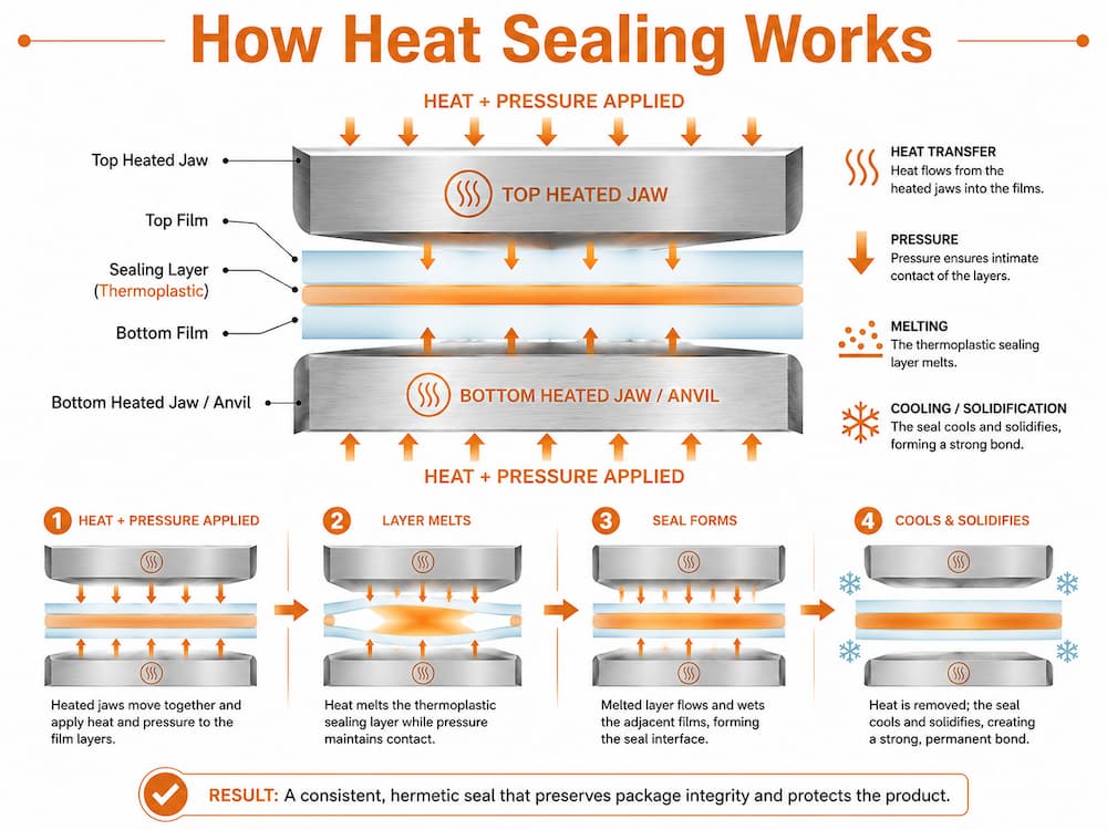 Heat sealing process using heated jaws, pressure and a thermoplastic sealing layer