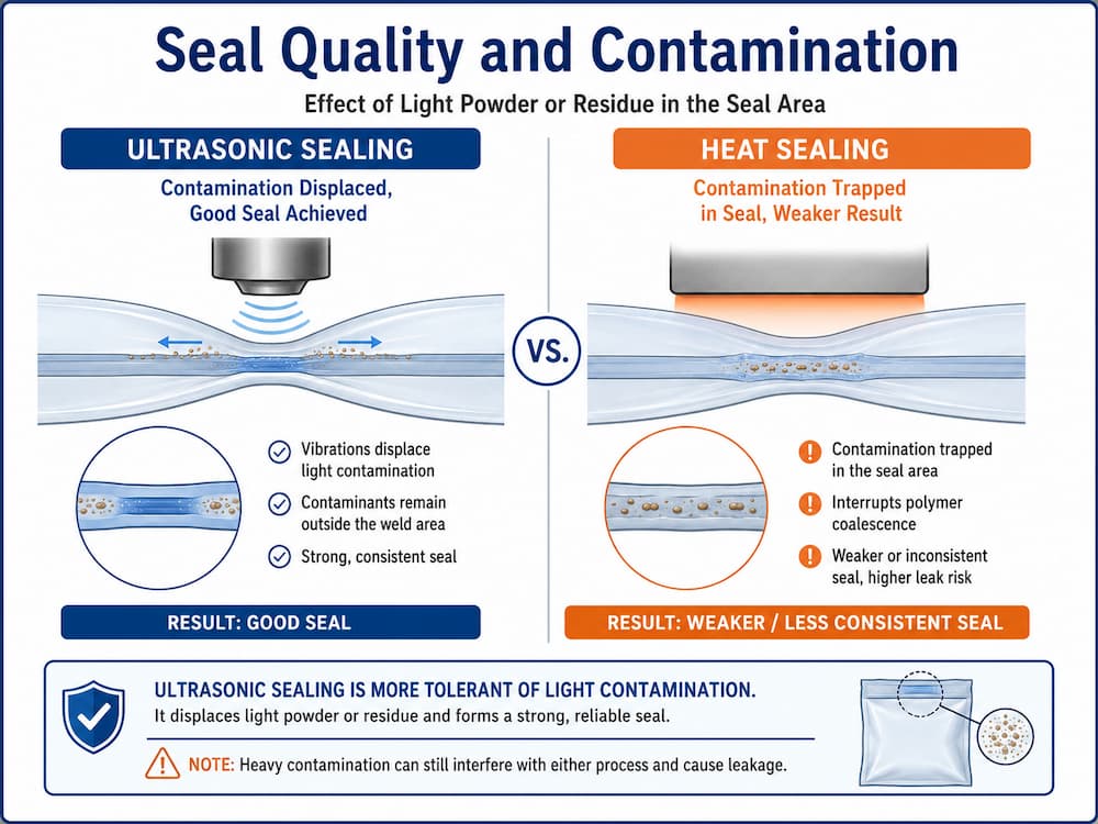 Comparison showing how ultrasonic sealing handles light product contamination in the seal area