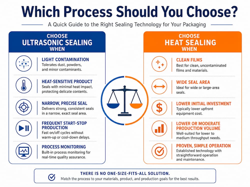 Selection guide comparing when to choose ultrasonic sealing or heat sealing