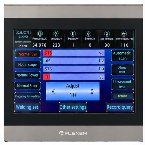 7 Inch HMI Touchscreen Control System for Ultrasonic Welding Machine 7 inch HMI touchscreen control interface of servo ultrasonic welder for welding parameter monitoring and adjustment