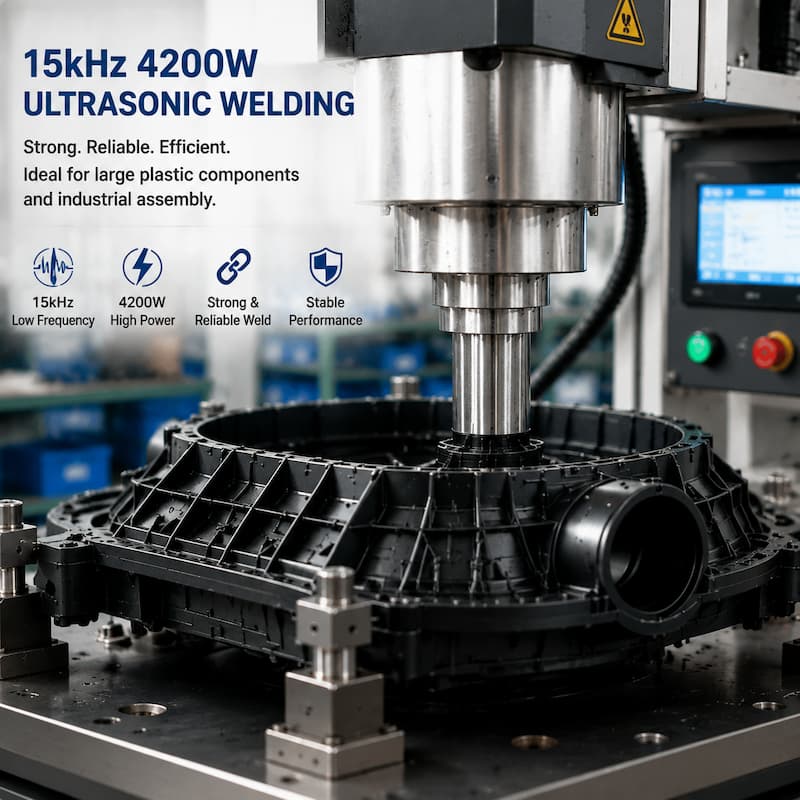 15kHz ultrasonic welding process joining large plastic components in industrial assembly