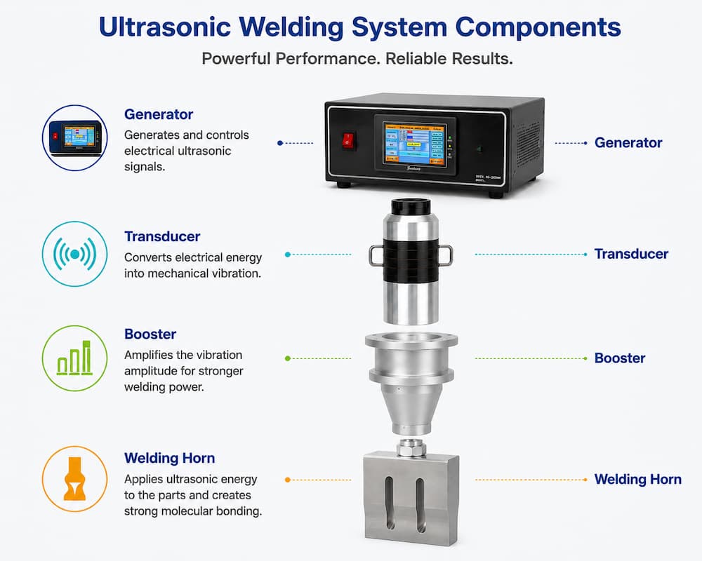 Ultrasonic welding system components including generator transducer booster and welding horn