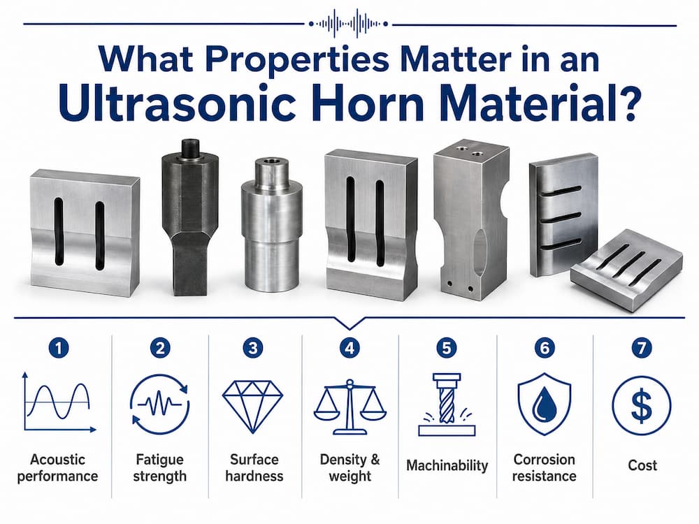 Seven factors affecting ultrasonic horn material selection, including acoustic performance, fatigue strength, surface hardness, weight, machinability, corrosion resistance, and cost