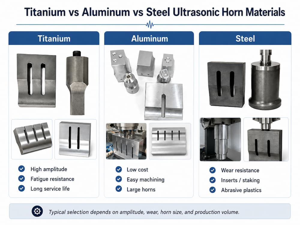 Comparison of titanium, aluminum, and steel ultrasonic horns by amplitude, fatigue resistance, machining cost, horn size, and wear resistanc
