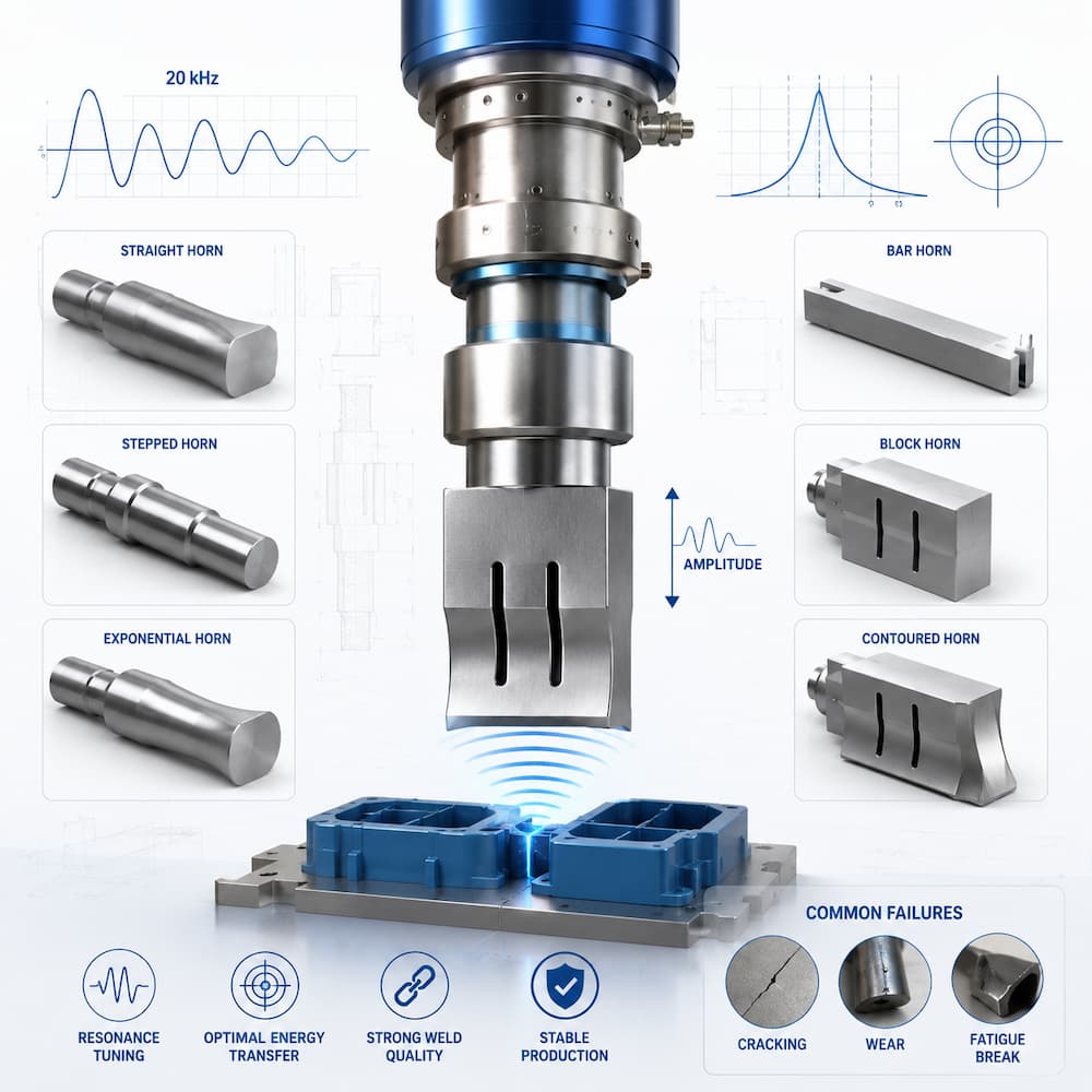 Ultrasonic Welding Horn Design, Tuning and Failure Analysis Ultrasonic welding horn design showing horn shapes, amplitude tuning and common failures