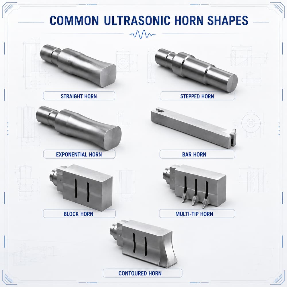 Common Ultrasonic Horn Shapes Straight, stepped, exponential, bar, block, multi-tip and contoured ultrasonic horn shapes