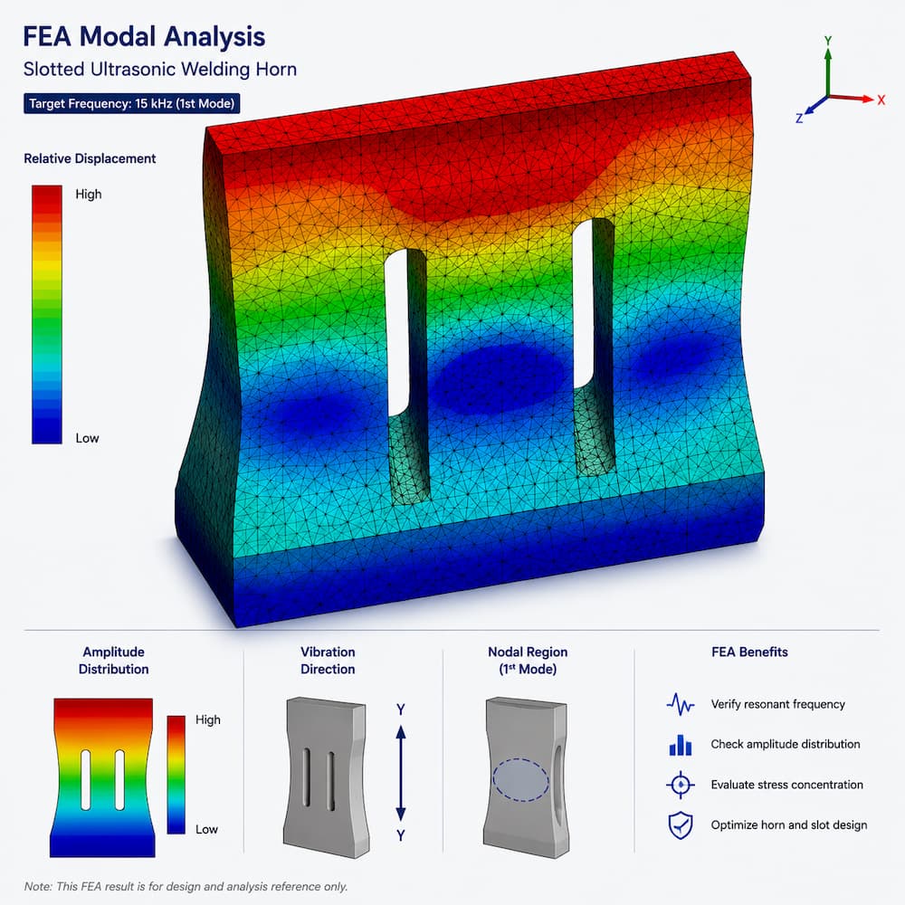 Ultrasonic Horn Amplitude Distribution and FEA Slotted ultrasonic bar horn showing amplitude distribution, measurement points and FEA modal analysis
