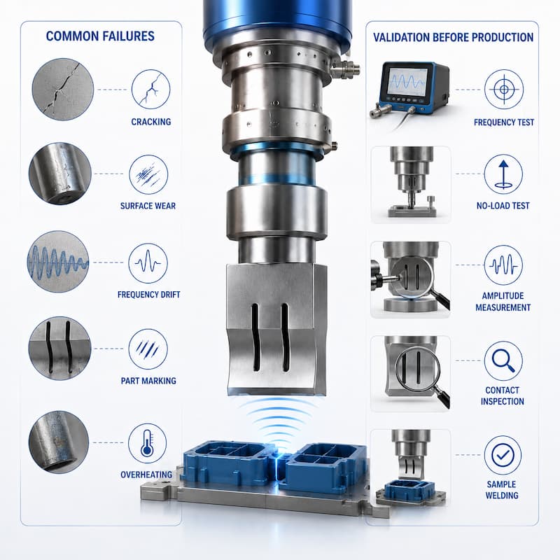 Ultrasonic Horn Failures and Production Validation Common ultrasonic horn failures and validation steps including frequency, amplitude and sample welding tests