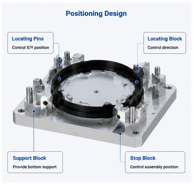 Positioning pins and locating features for ultrasonic welding fixtures