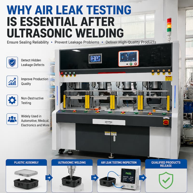 Air Leak Testing After Ultrasonic Welding for Plastic Components Air leak testing after ultrasonic welding to check sealing performance of plastic components