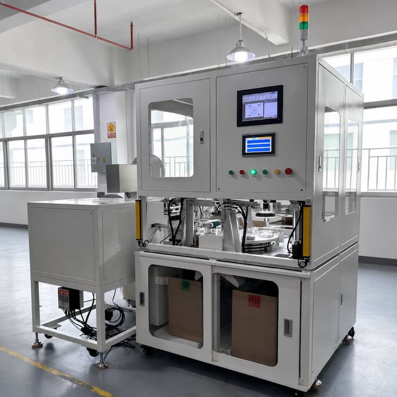 Automatic Felt Die Cutting and End Cap Ultrasonic Welding Process Automatic line cutting roll-fed felt and ultrasonically welding it to plastic end caps