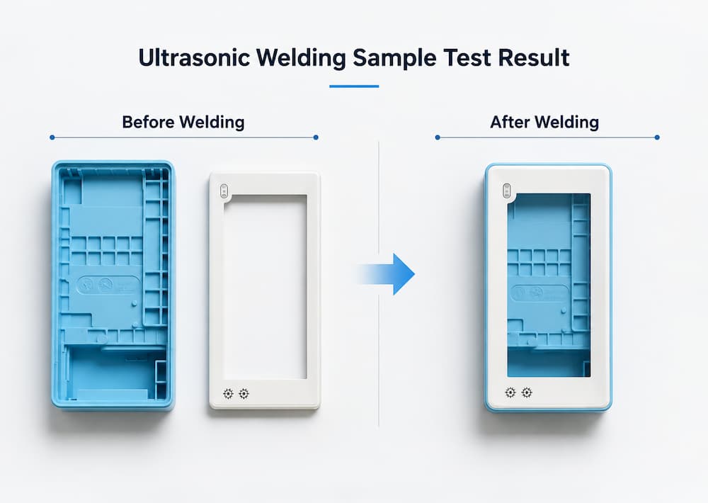 Ultrasonic Welding Sample Test Result Ultrasonic welding sample testing showing plastic parts before and after welding