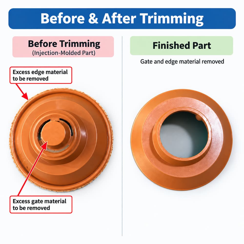 Automatic Sprue and Flash Trimming Process Molded part before and after automatic sprue and flash trimming