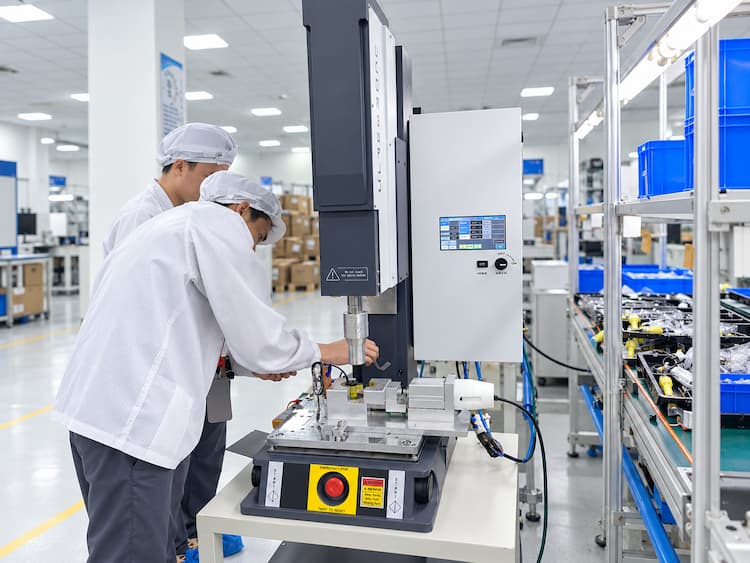 Technician adjusting a servo ultrasonic welding machine with custom horn and fixture Servo Ultrasonic Welding Machine – Horn and Fixture Setup