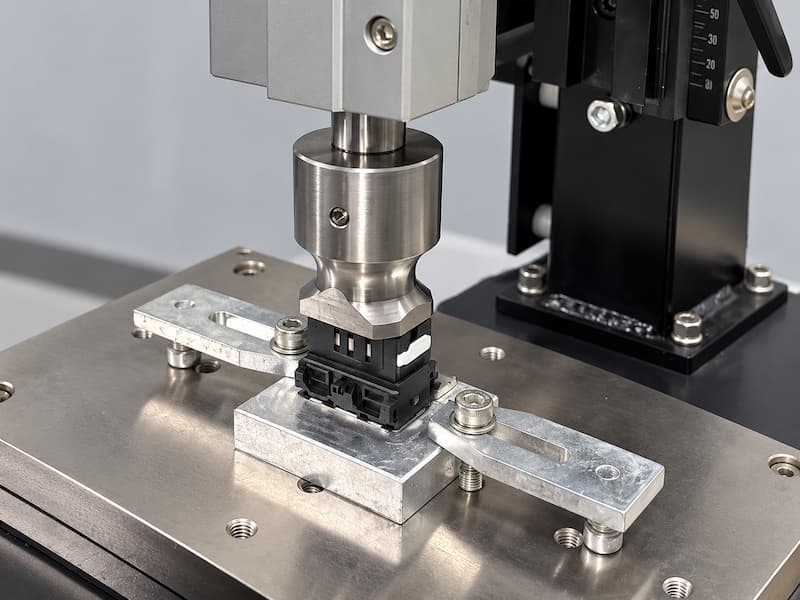 Ultrasonic Welding Sample Trial Plastic sample positioned in a custom fixture for ultrasonic welding trials