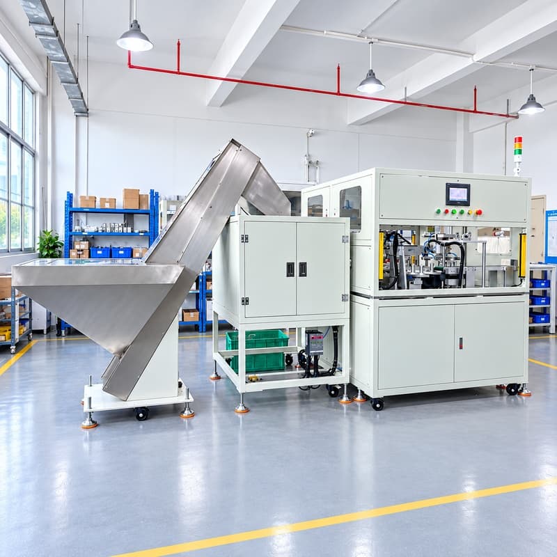 Automatic Sprue & Flash Trimming Machine with Hopper Feeding Automatic sprue and flash trimming machine with a stainless steel hopper, inclined feeding conveyor and enclosed processing station