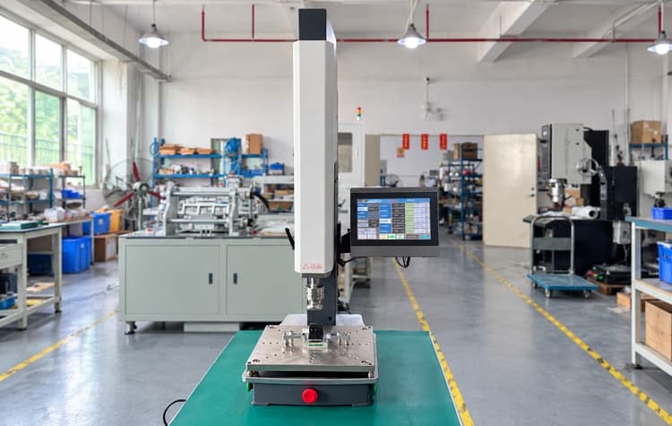 Servo Ultrasonic Welding Setup for Automotive Plastic Connectors Servo ultrasonic welding machine with a custom fixture holding an automotive plastic connector and a touchscreen control panel